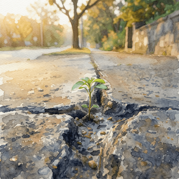 Small green plant sprouting through cracked pavement on street